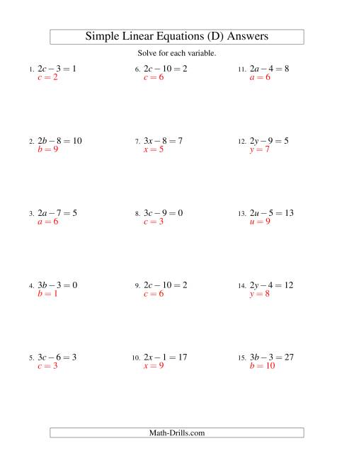 The Solving Linear Equations -- Form ax - b = c (D) Math Worksheet Page 2