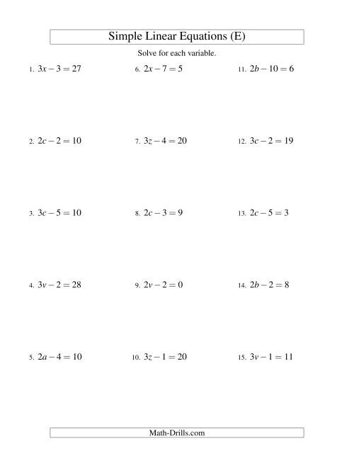 The Solving Linear Equations -- Form ax - b = c (E) Math Worksheet