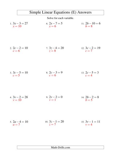 The Solving Linear Equations -- Form ax - b = c (E) Math Worksheet Page 2