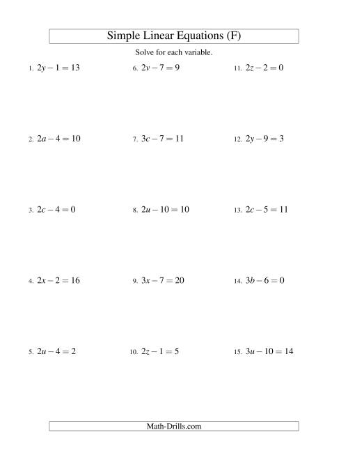The Solving Linear Equations -- Form ax - b = c (F) Math Worksheet