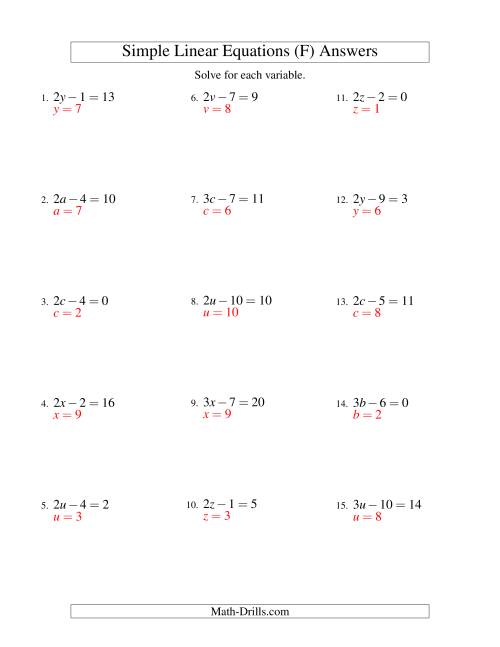 The Solving Linear Equations -- Form ax - b = c (F) Math Worksheet Page 2