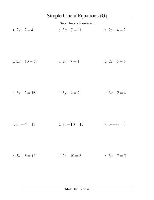 The Solving Linear Equations -- Form ax - b = c (G) Math Worksheet