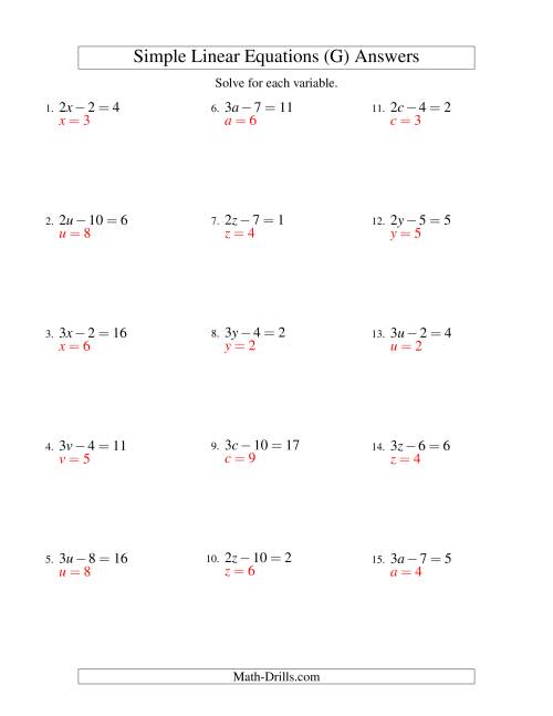The Solving Linear Equations -- Form ax - b = c (G) Math Worksheet Page 2