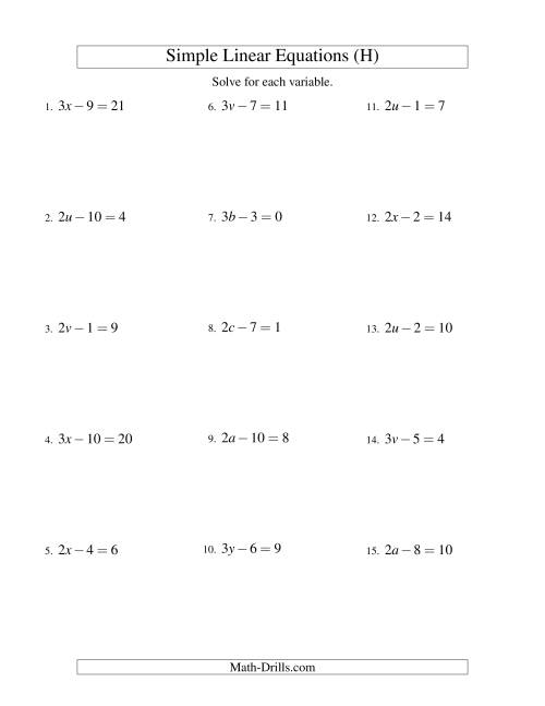 The Solving Linear Equations -- Form ax - b = c (H) Math Worksheet