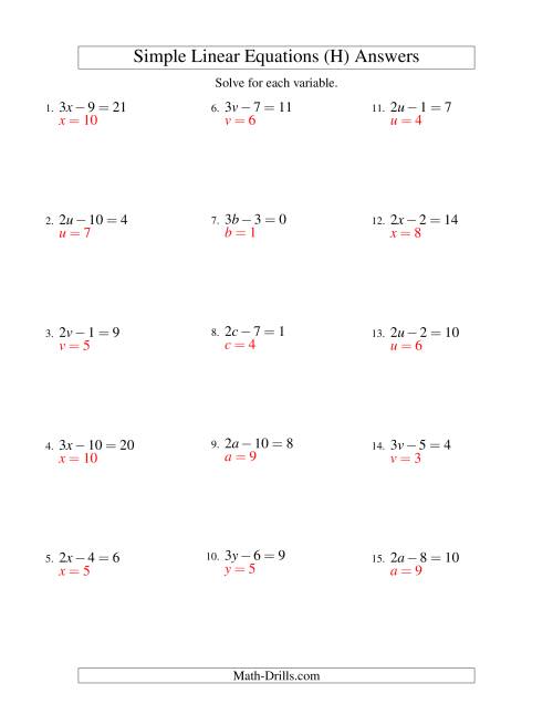 The Solving Linear Equations -- Form ax - b = c (H) Math Worksheet Page 2