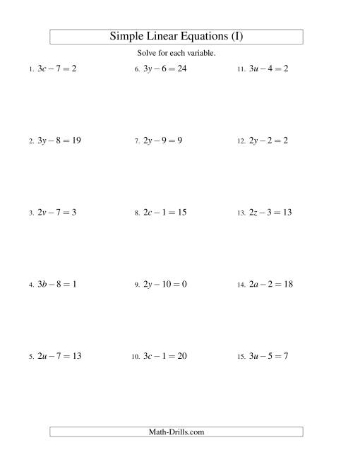 The Solving Linear Equations -- Form ax - b = c (I) Math Worksheet