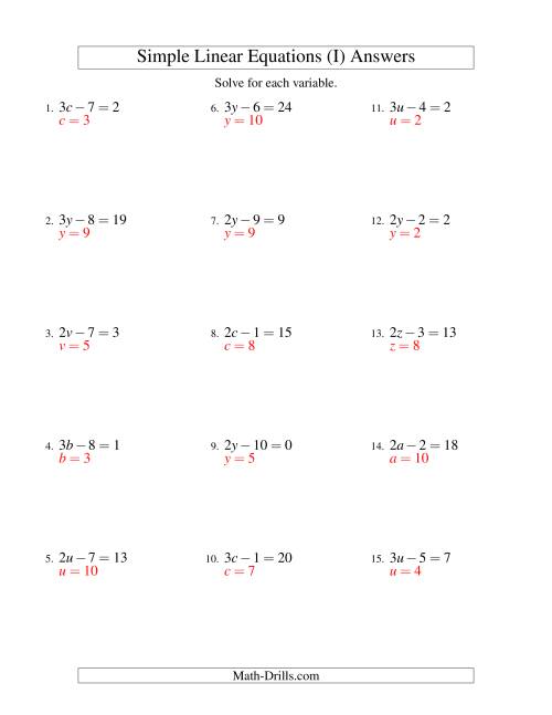 The Solving Linear Equations -- Form ax - b = c (I) Math Worksheet Page 2