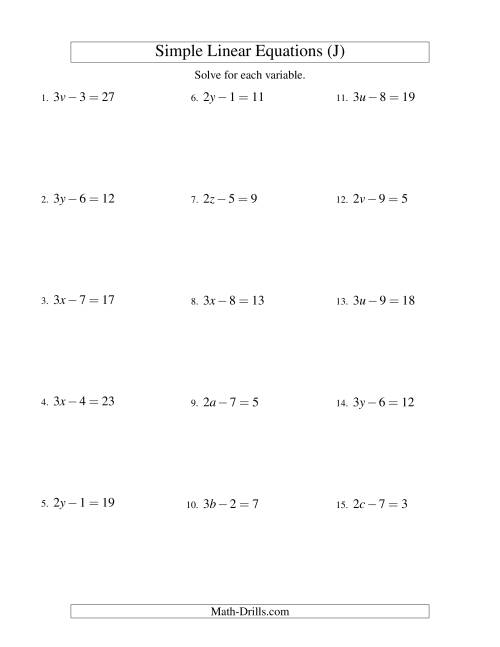 The Solving Linear Equations -- Form ax - b = c (J) Math Worksheet