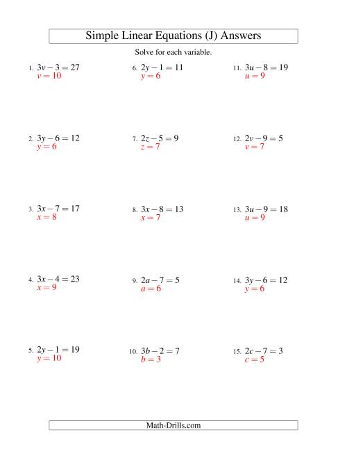 The Solving Linear Equations -- Form ax - b = c (J) Math Worksheet Page 2