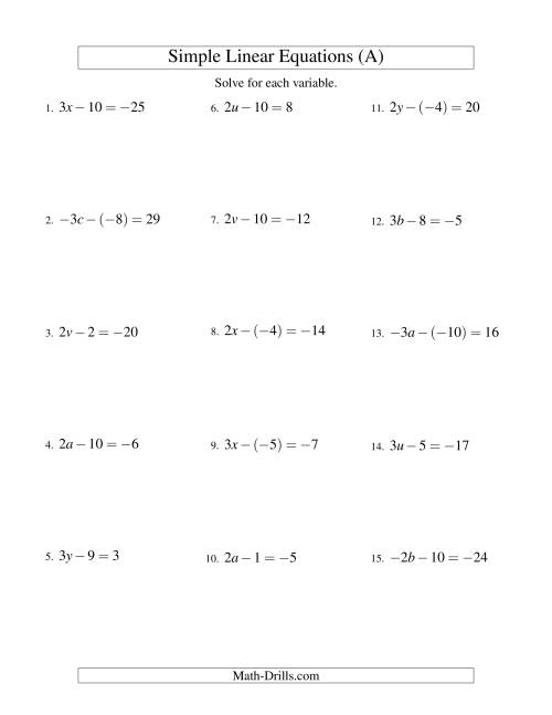 The Solving Linear Equations (Including Negative Values) -- Form ax - b = c (A) Math Worksheet