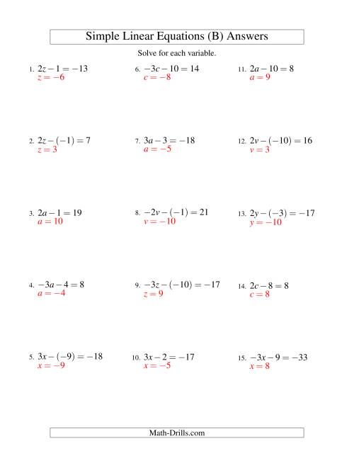 The Solving Linear Equations (Including Negative Values) -- Form ax - b = c (B) Math Worksheet Page 2