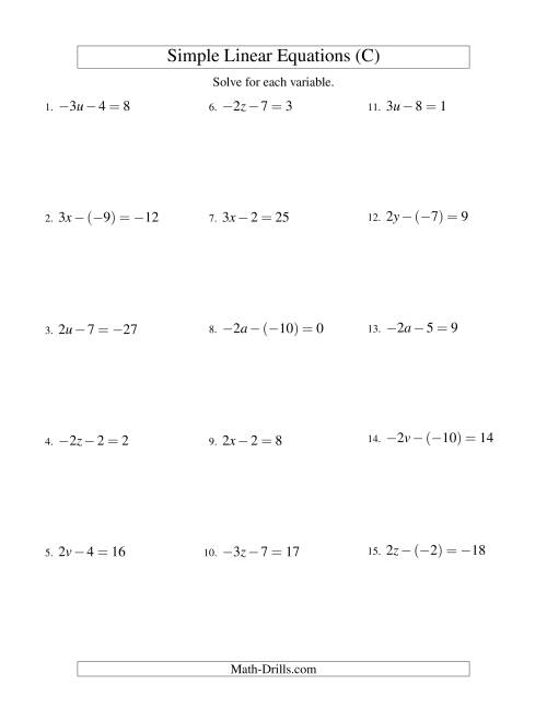 The Solving Linear Equations (Including Negative Values) -- Form ax - b = c (C) Math Worksheet