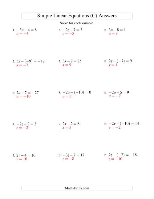 The Solving Linear Equations (Including Negative Values) -- Form ax - b = c (C) Math Worksheet Page 2