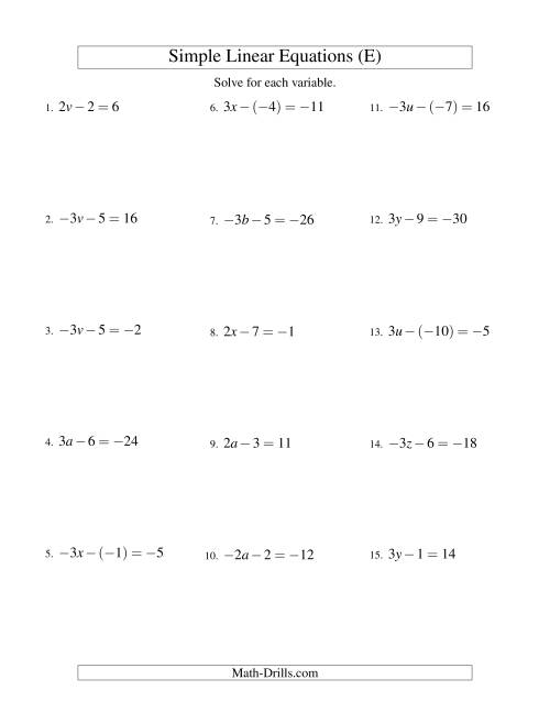 The Solving Linear Equations (Including Negative Values) -- Form ax - b = c (E) Math Worksheet
