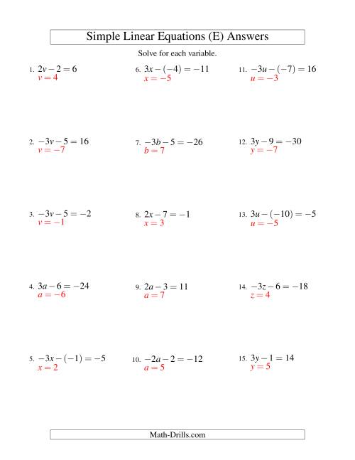 The Solving Linear Equations (Including Negative Values) -- Form ax - b = c (E) Math Worksheet Page 2