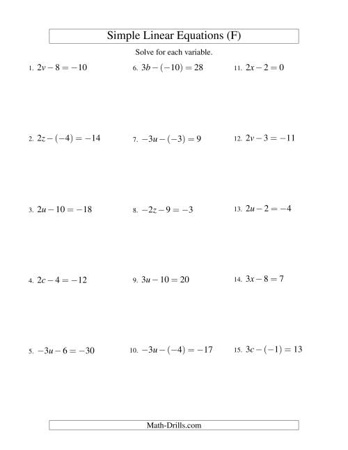 The Solving Linear Equations (Including Negative Values) -- Form ax - b = c (F) Math Worksheet