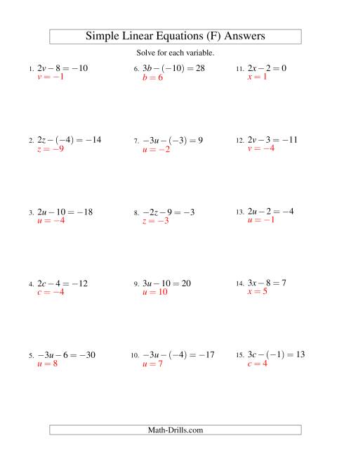 The Solving Linear Equations (Including Negative Values) -- Form ax - b = c (F) Math Worksheet Page 2