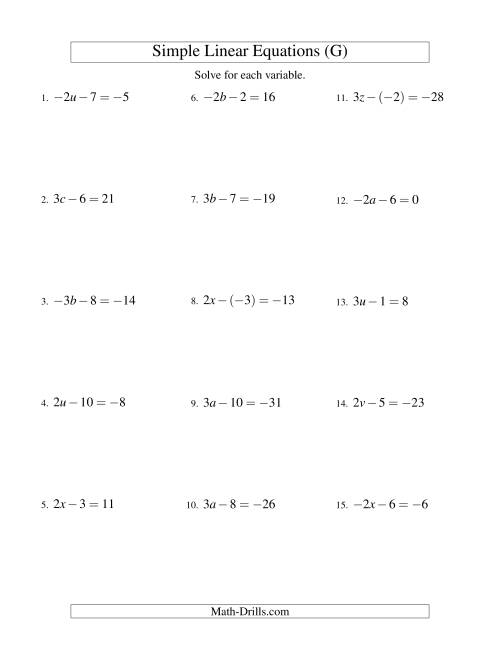 The Solving Linear Equations (Including Negative Values) -- Form ax - b = c (G) Math Worksheet
