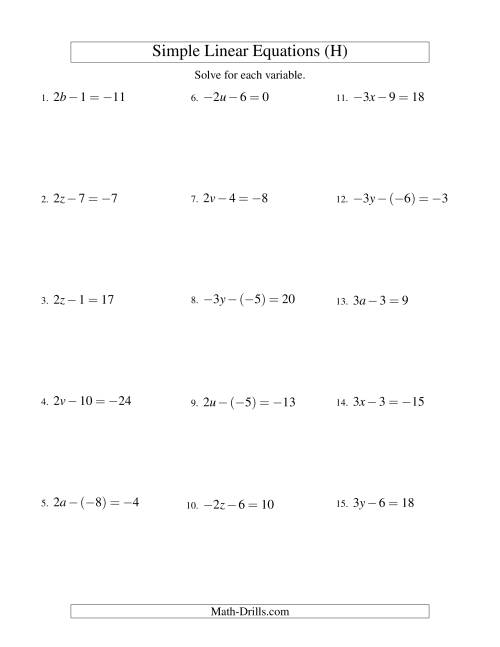 The Solving Linear Equations (Including Negative Values) -- Form ax - b = c (H) Math Worksheet