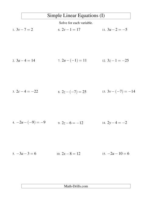 The Solving Linear Equations (Including Negative Values) -- Form ax - b = c (I) Math Worksheet