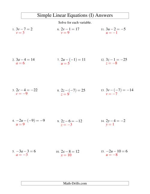 The Solving Linear Equations (Including Negative Values) -- Form ax - b = c (I) Math Worksheet Page 2