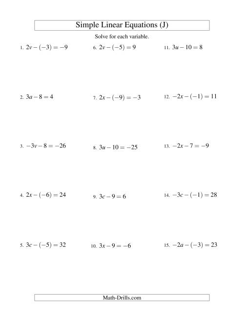 The Solving Linear Equations (Including Negative Values) -- Form ax - b = c (J) Math Worksheet