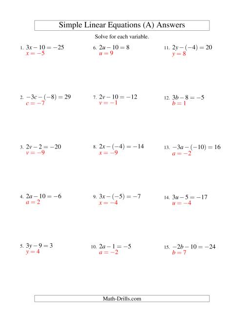 The Solving Linear Equations (Including Negative Values) -- Form ax - b = c (All) Math Worksheet Page 2