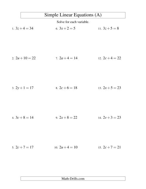 The Solving Linear Equations -- Form ax + b = c (A) Math Worksheet