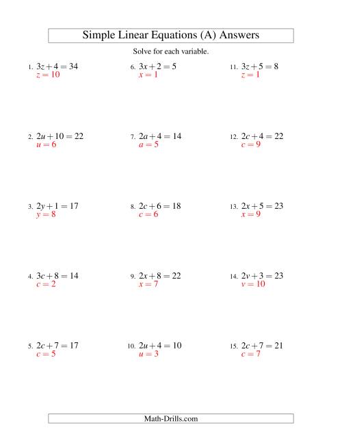 The Solving Linear Equations -- Form ax + b = c (A) Math Worksheet Page 2