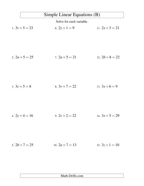 The Solving Linear Equations -- Form ax + b = c (B) Math Worksheet