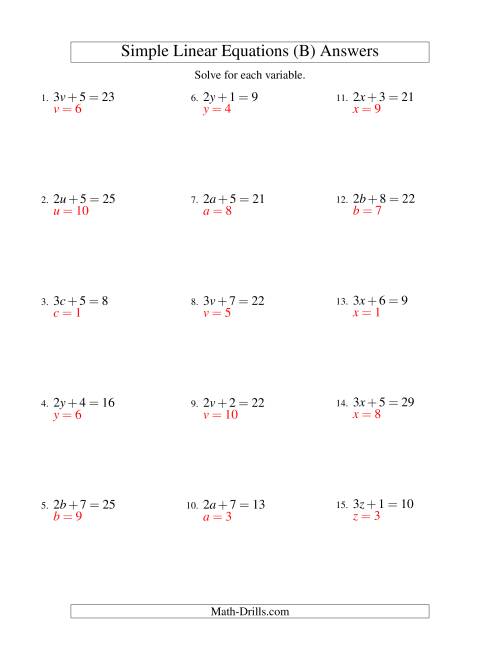 The Solving Linear Equations -- Form ax + b = c (B) Math Worksheet Page 2