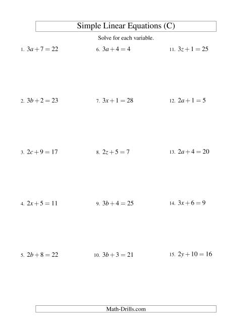 The Solving Linear Equations -- Form ax + b = c (C) Math Worksheet