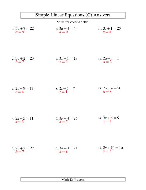 The Solving Linear Equations -- Form ax + b = c (C) Math Worksheet Page 2
