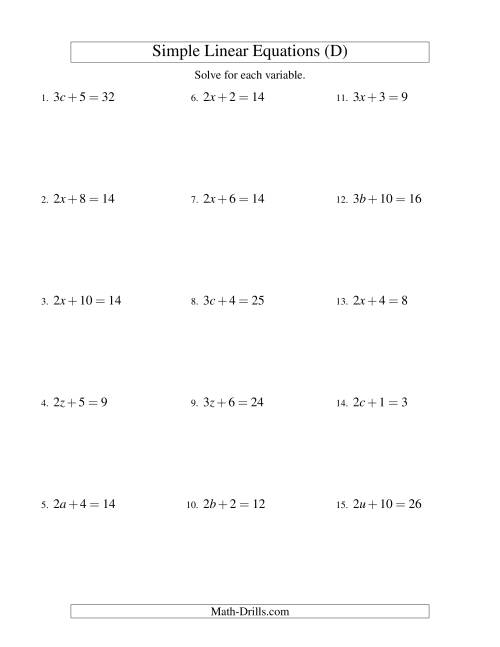 The Solving Linear Equations -- Form ax + b = c (D) Math Worksheet