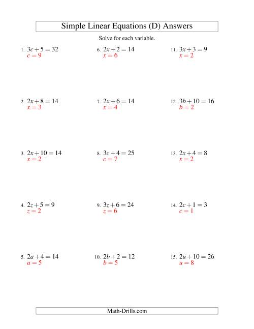 The Solving Linear Equations -- Form ax + b = c (D) Math Worksheet Page 2