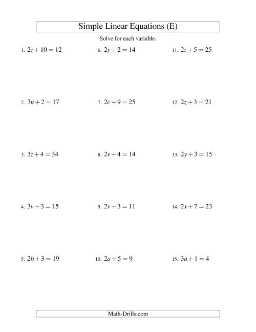 The Solving Linear Equations -- Form ax + b = c (E) Math Worksheet
