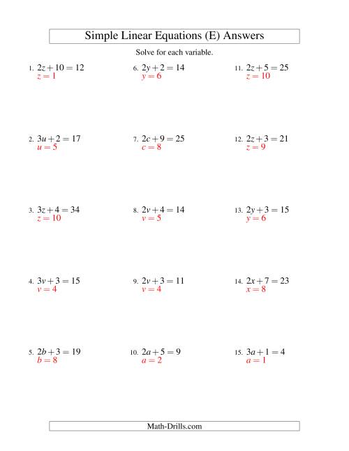 The Solving Linear Equations -- Form ax + b = c (E) Math Worksheet Page 2