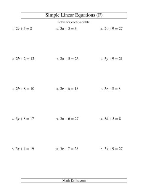 The Solving Linear Equations -- Form ax + b = c (F) Math Worksheet