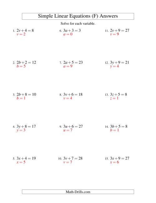 The Solving Linear Equations -- Form ax + b = c (F) Math Worksheet Page 2