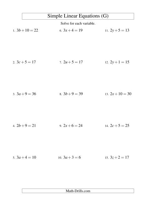 The Solving Linear Equations -- Form ax + b = c (G) Math Worksheet