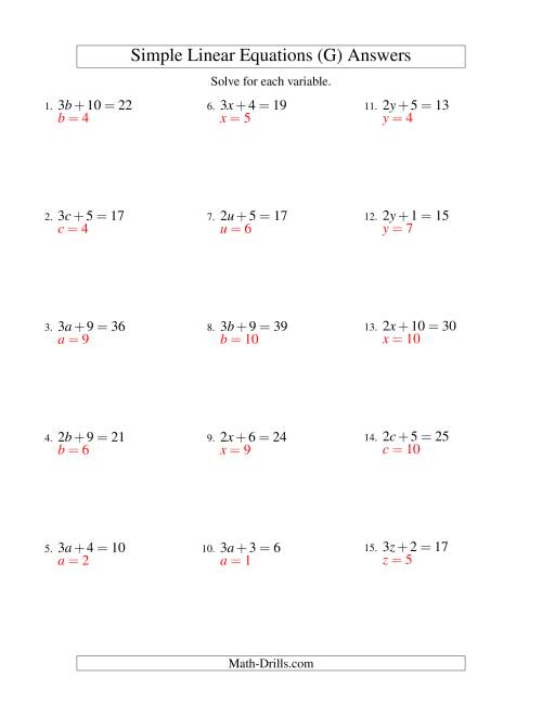 The Solving Linear Equations -- Form ax + b = c (G) Math Worksheet Page 2