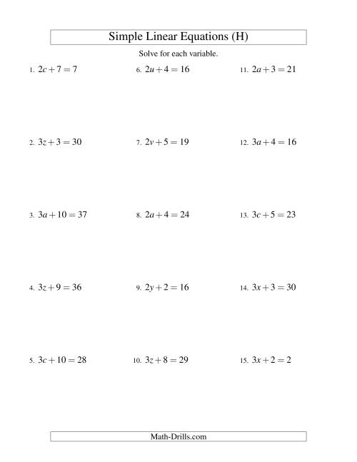 The Solving Linear Equations -- Form ax + b = c (H) Math Worksheet