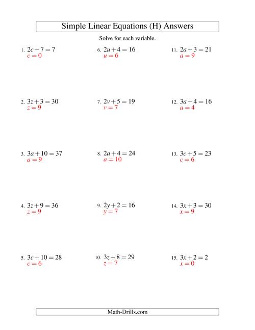 The Solving Linear Equations -- Form ax + b = c (H) Math Worksheet Page 2