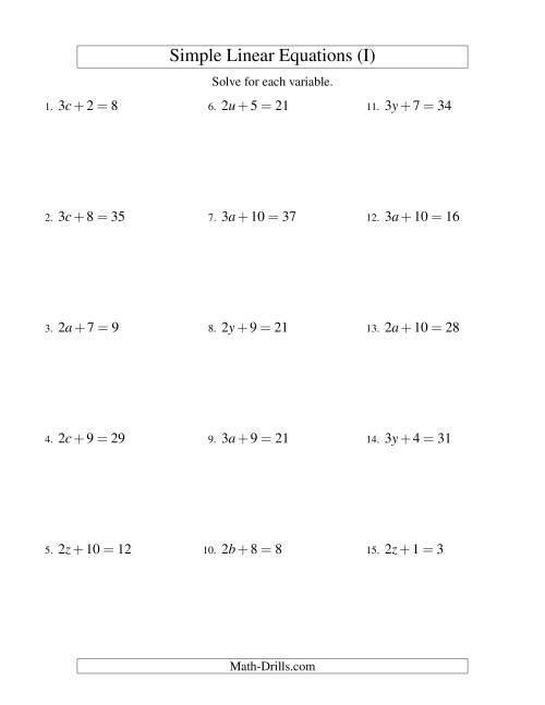 The Solving Linear Equations -- Form ax + b = c (I) Math Worksheet