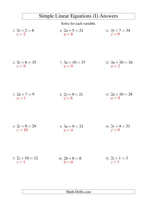 The Solving Linear Equations -- Form ax + b = c (I) Math Worksheet Page 2