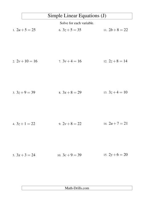 The Solving Linear Equations -- Form ax + b = c (J) Math Worksheet