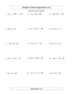 Solving Linear Equations (Including Negative Values) -- Form ax + b = c