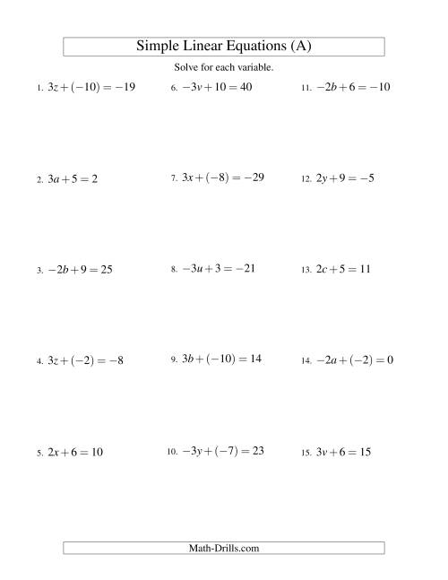 The Solving Linear Equations (Including Negative Values) -- Form ax + b = c (A) Math Worksheet