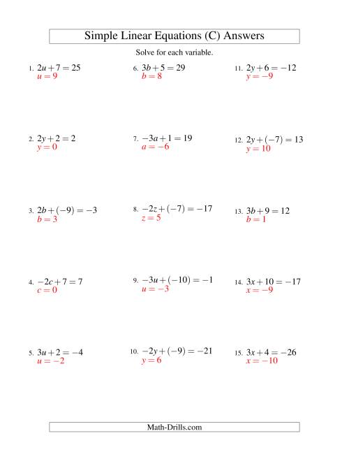 The Solving Linear Equations (Including Negative Values) -- Form ax + b = c (C) Math Worksheet Page 2