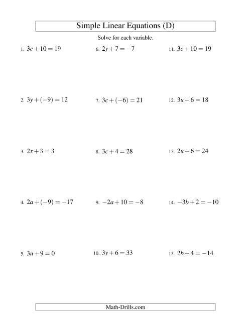 The Solving Linear Equations (Including Negative Values) -- Form ax + b = c (D) Math Worksheet